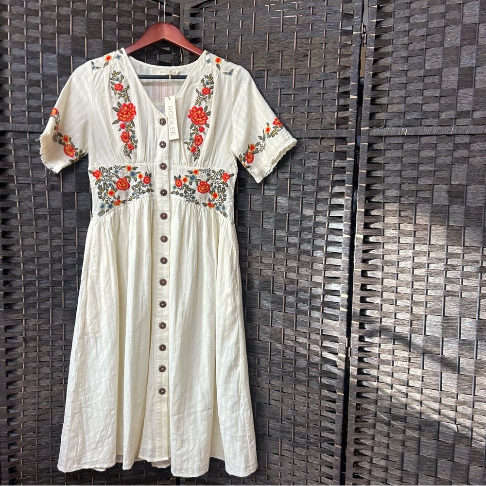 Roolee Ivory Embroidered Button-Front Midi Dress with Red Floral Accents